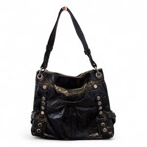B Makowsky Croc-Embossed Black Leather Satchel Shoulder Bag Silver Studs